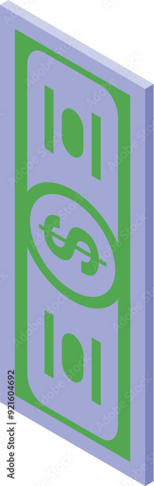 Green dollar bill standing up icon in isometric view Green dollar bill standing up icon in isometric view