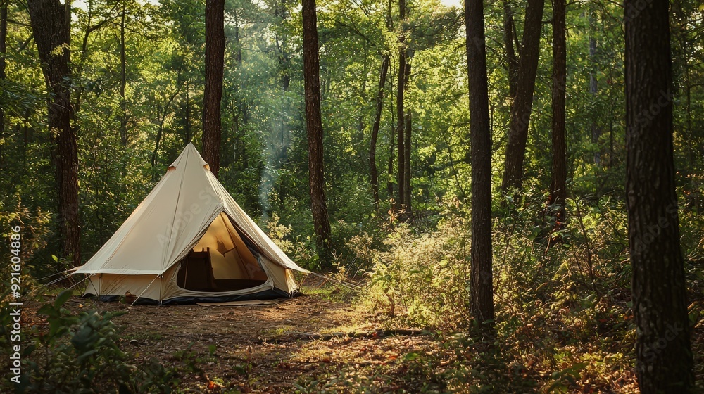 A serene outdoor setting featuring a tent nestled among tall trees, perfect for camping and nature exploration. A serene outdoor setting featuring a tent nestled among tall trees, perfect for camping and nature exploration.