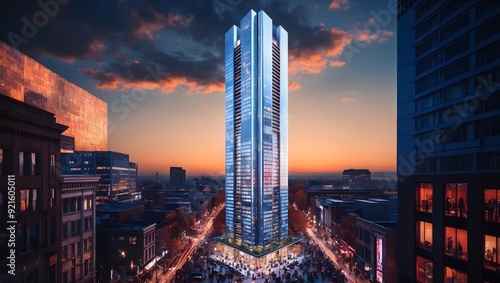 Sunset view of a sleek modern skyscraper in a bustling urban setting