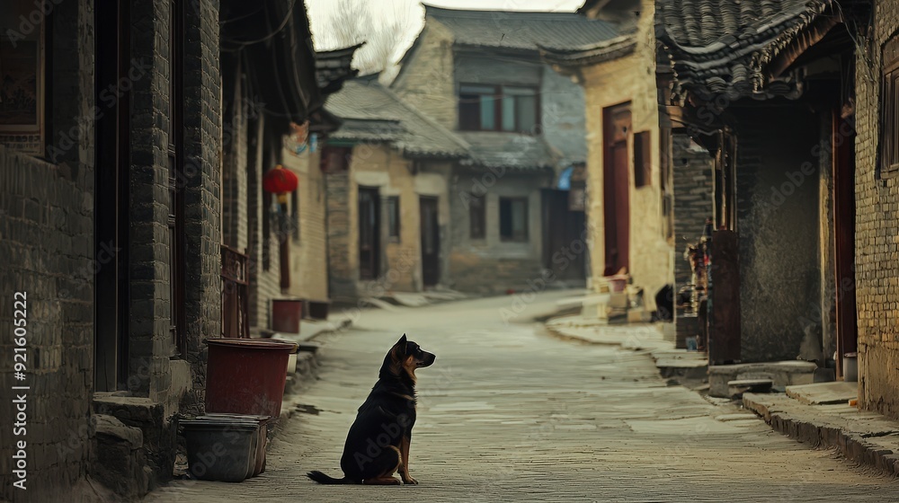 A solitary dog sits in a quiet, narrow street of an old town, surrounded by traditional architecture and a serene atmosphere. A solitary dog sits in a quiet, narrow street of an old town, surrounded by traditional architecture and a serene atmosphere.