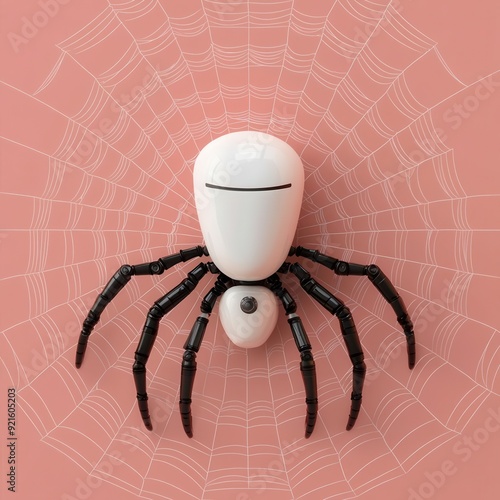 A 3D digital spider web with a search engine robot navigating it, symbolizing the webcrawling function of search engines photo