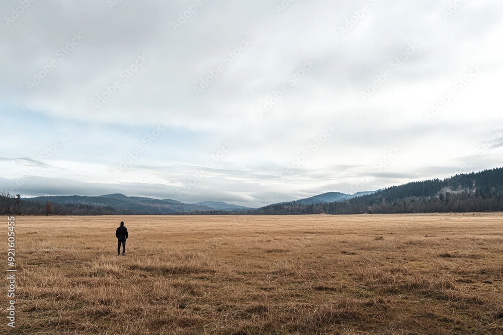 Fototapeta premium A solitary figure stands in a vast, open field under a cloudy sky, capturing the essence of nature's tranquility and isolation.