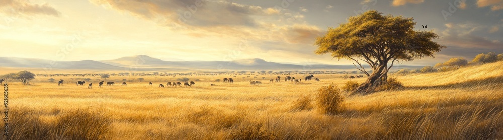 Golden Grassland with a Lone Tree and Grazing Animals Golden Grassland with a Lone Tree and Grazing Animals