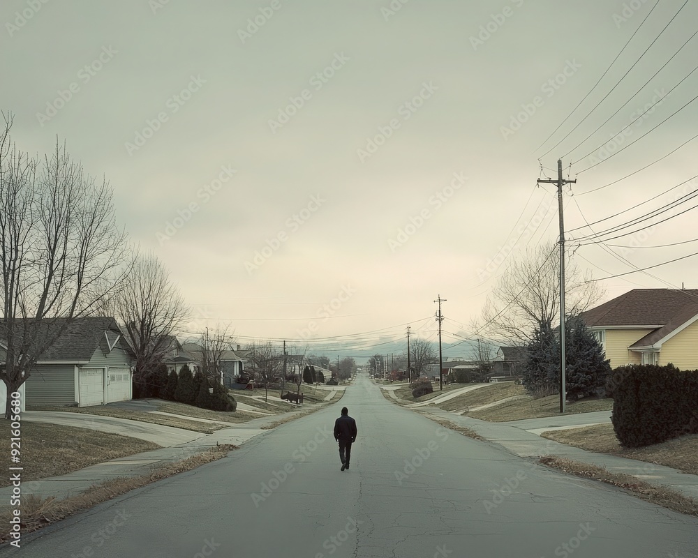 A solitary figure walks down a quiet, empty street lined with homes, under a cloudy sky, evoking a sense of calm and contemplation. A solitary figure walks down a quiet, empty street lined with homes, under a cloudy sky, evoking a sense of calm and contemplation.