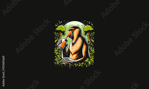 proboscis monkey holding drink on forest vector illustration artwork design