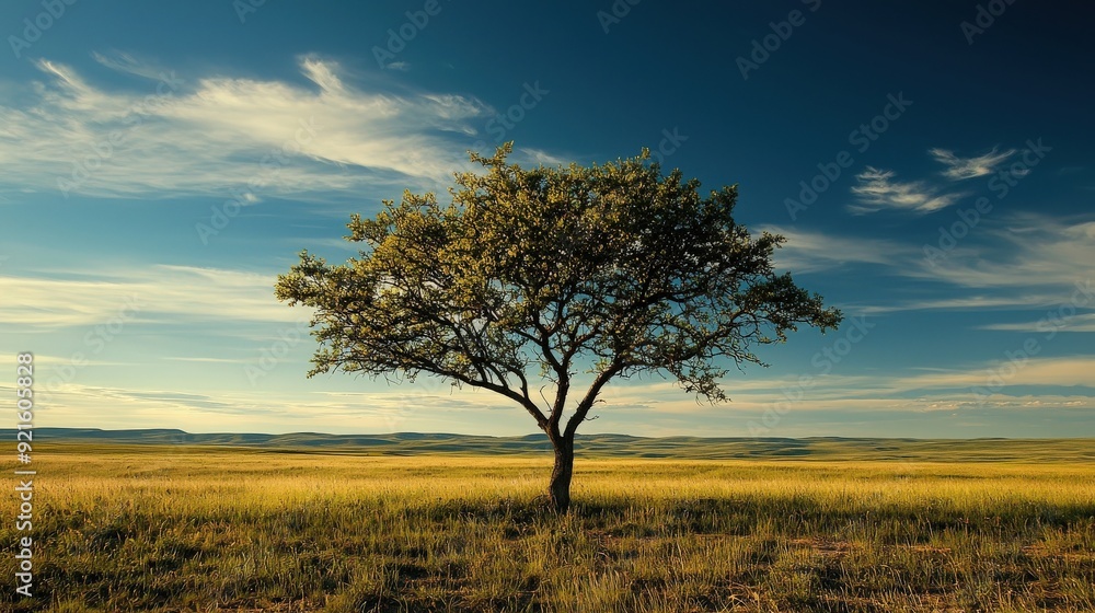 Fototapeta premium A solitary tree stands majestically on a golden field under a vast blue sky, symbolizing strength and nature's beauty.