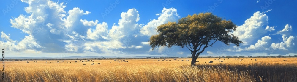 A lone tree stands tall amidst a field of golden grass and grazing animals under a bright blue sky with fluffy clouds. A lone tree stands tall amidst a field of golden grass and grazing animals under a bright blue sky with fluffy clouds.