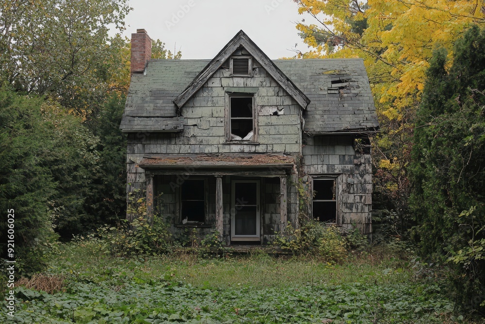 An abandoned house nestled in overgrown greenery, showcasing nature reclaiming its space in a hauntingly beautiful scene. An abandoned house nestled in overgrown greenery, showcasing nature reclaiming its space in a hauntingly beautiful scene.