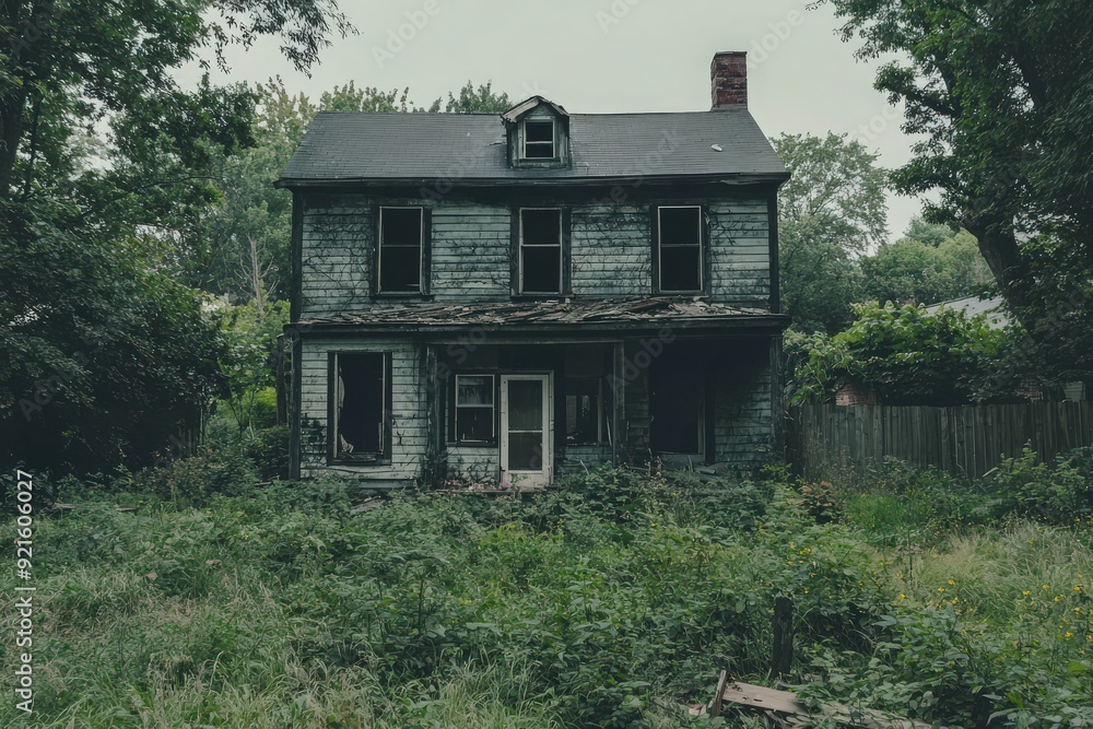 An abandoned house with a faded facade, surrounded by overgrown grass and trees, evoking a sense of mystery and decay. An abandoned house with a faded facade, surrounded by overgrown grass and trees, evoking a sense of mystery and decay.