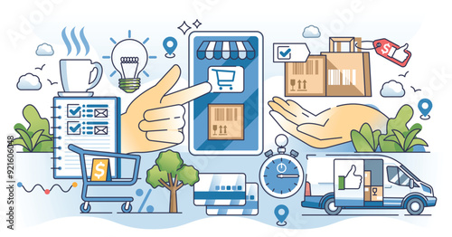 Online shopping and buying products from retail shop outline hands concept. Digital e-commerce marketplace purchase with delivery and payment options for internet customers vector illustration.