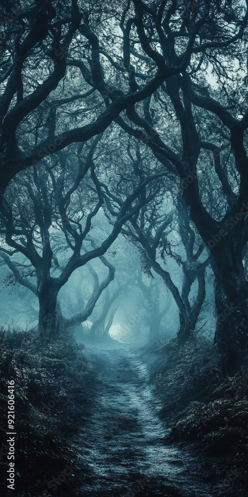 Fear represented by a dark forest with looming trees Fear represented by a dark forest with looming trees