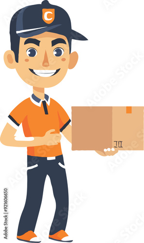 A simple illustration of an Asian delivery man holding up the box cartoon style