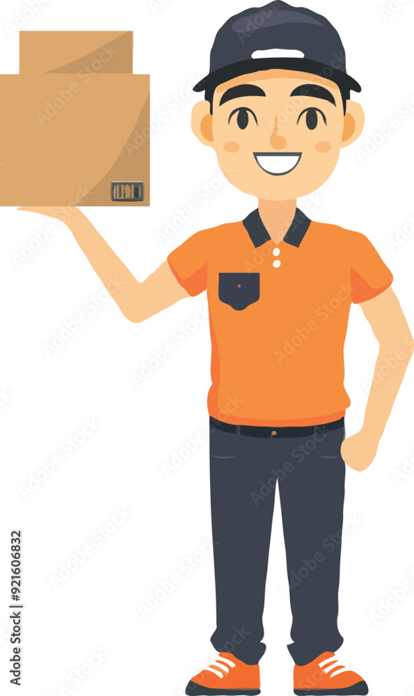 A simple illustration of an Asian delivery man holding up the box cartoon style