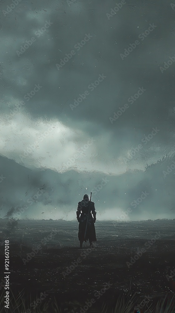 A mysterious warrior stands alone in a foggy landscape under a dark, dramatic sky, evoking a sense of adventure and intrigue. A mysterious warrior stands alone in a foggy landscape under a dark, dramatic sky, evoking a sense of adventure and intrigue.