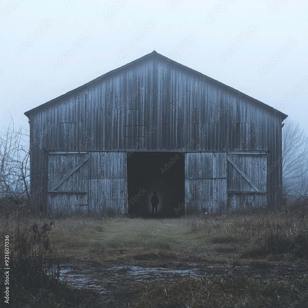 A mysterious wooden barn emerging from fog, creating an eerie and atmospheric landscape in a tranquil countryside setting. A mysterious wooden barn emerging from fog, creating an eerie and atmospheric landscape in a tranquil countryside setting.