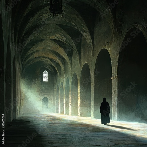 A mysterious figure stands in a dimly lit corridor, illuminated by soft light filtering through ancient arches.