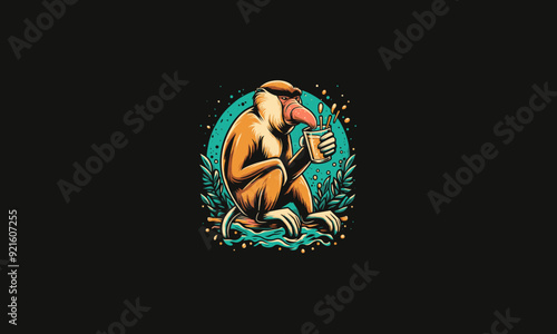 proboscis monkey holding drink on forest vector illustration artwork design