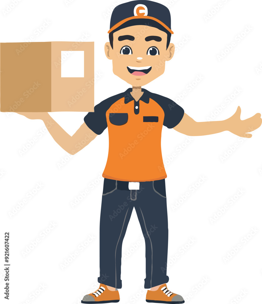 A simple illustration of an Asian delivery man holding up the box cartoon style A simple illustration of an Asian delivery man holding up the box cartoon style