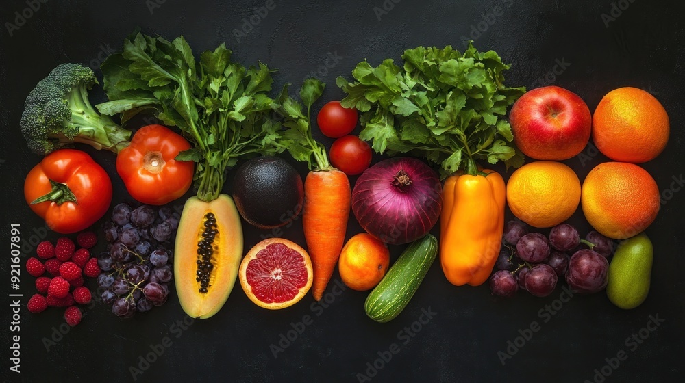 A Colorful Arrangement of Fresh Fruits and Vegetables on a Black Background A Colorful Arrangement of Fresh Fruits and Vegetables on a Black Background