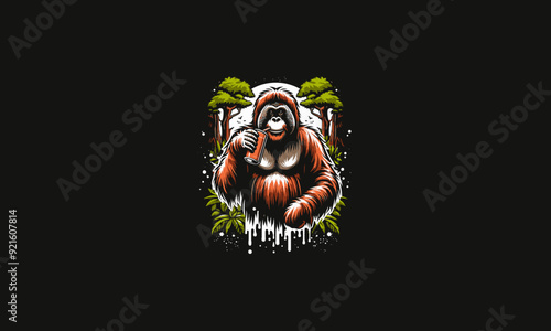 orangutan holding drink on forest vector illustration artwork design