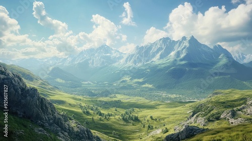 Majestic Mountain Range Overlooking a Valley of Lush Greenery