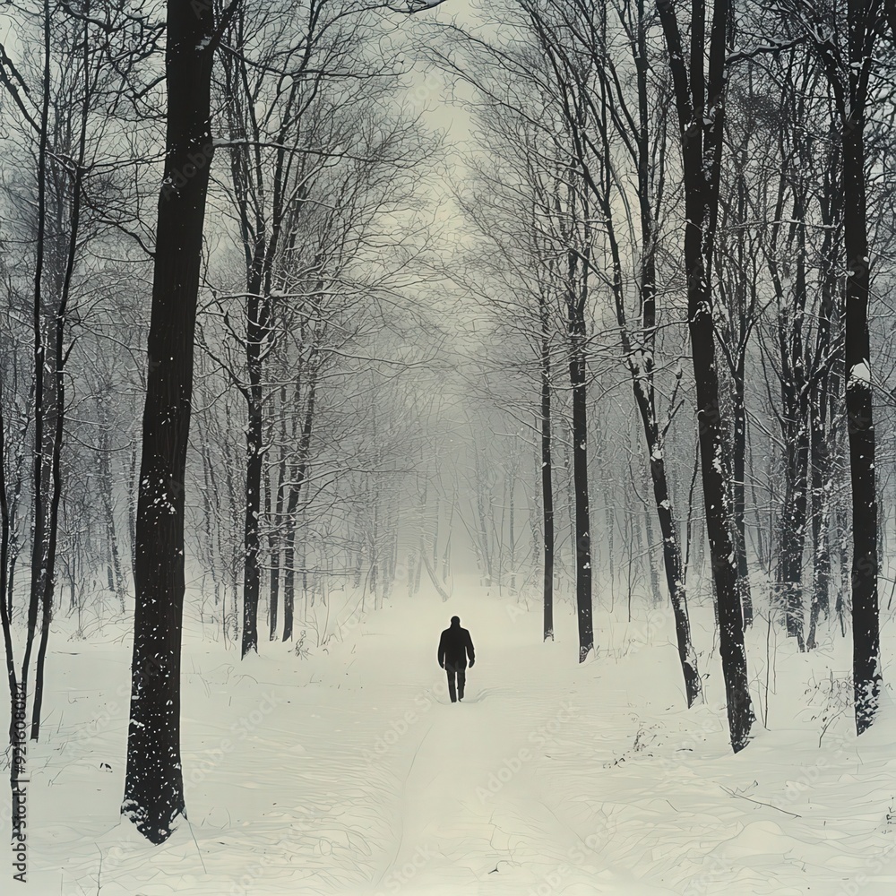 A solitary figure walking down a snowy path surrounded by tall trees, evoking a sense of tranquility and introspection. A solitary figure walking down a snowy path surrounded by tall trees, evoking a sense of tranquility and introspection.