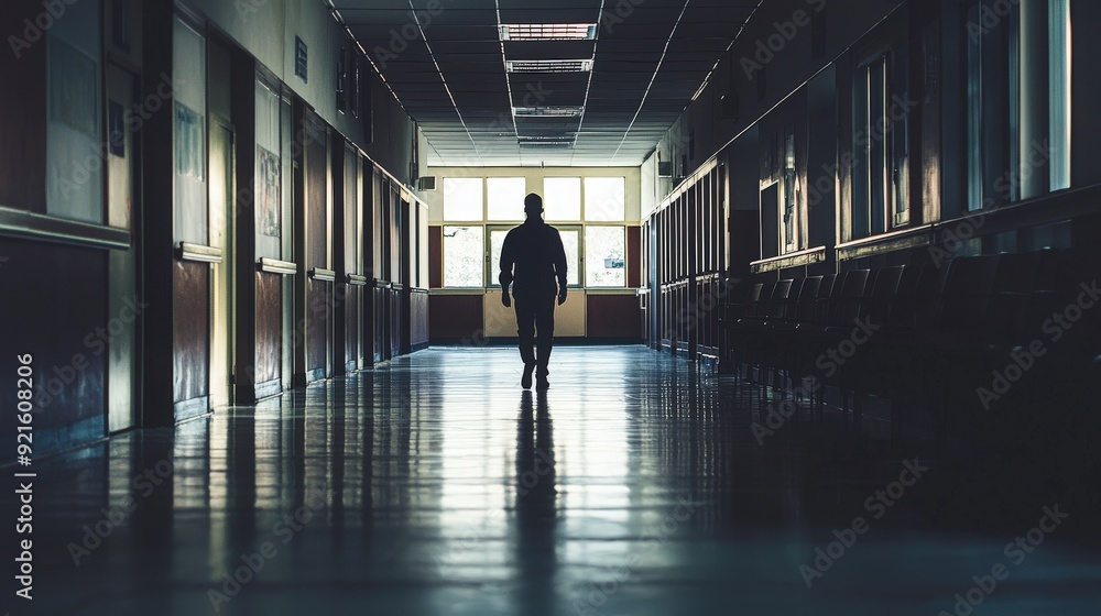 A solitary figure walks through a dimly lit corridor, embodying themes of isolation and contemplation in a haunting environment. A solitary figure walks through a dimly lit corridor, embodying themes of isolation and contemplation in a haunting environment.
