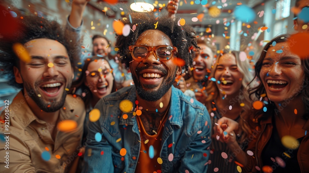 Friends celebrating at a lively party with colorful confetti in a vibrant indoor space during the evening Friends celebrating at a lively party with colorful confetti in a vibrant indoor space during the evening