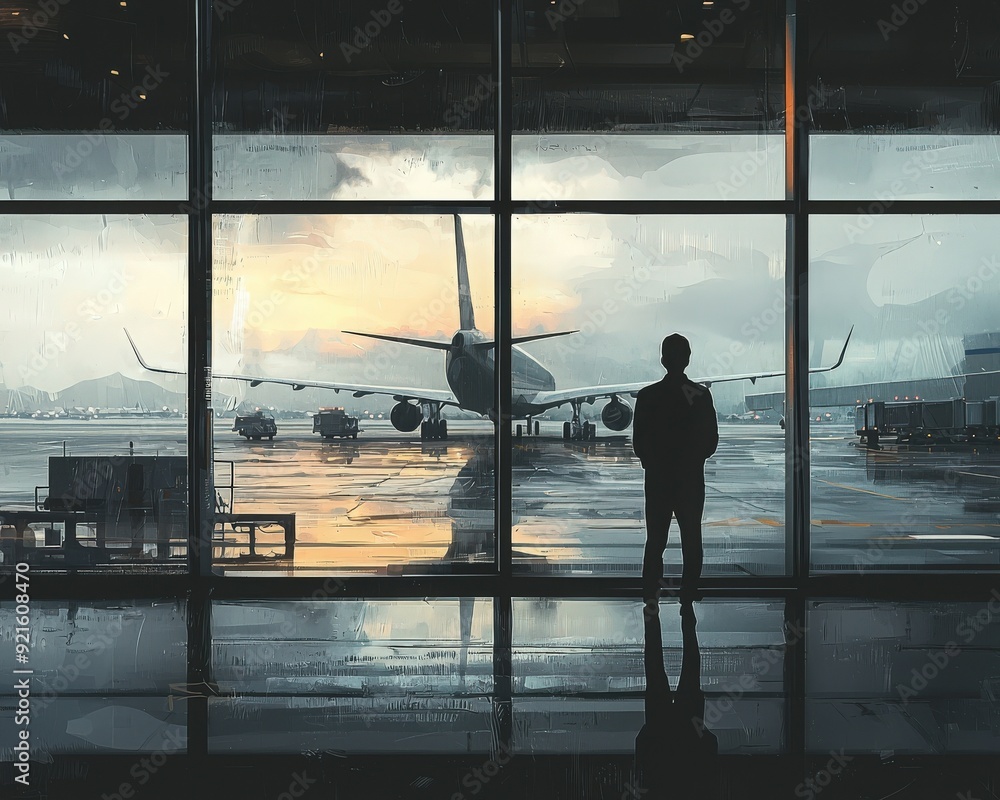 A traveler gazes out the airport window at planes under a moody sky, reflecting anticipation and adventure ahead. A traveler gazes out the airport window at planes under a moody sky, reflecting anticipation and adventure ahead.
