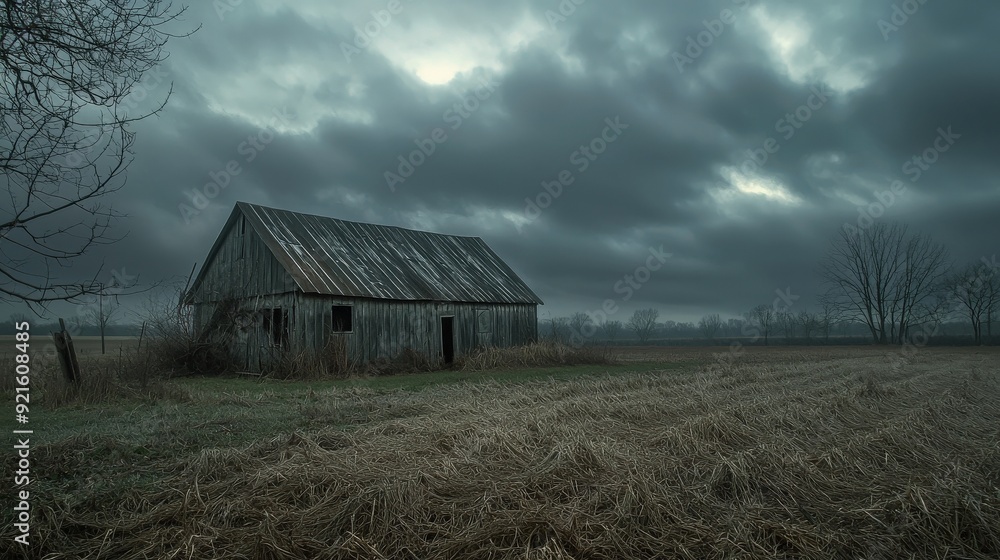 A weathered barn stands alone in a moody landscape, surrounded by dark clouds and barren fields, evoking a sense of solitude. A weathered barn stands alone in a moody landscape, surrounded by dark clouds and barren fields, evoking a sense of solitude.
