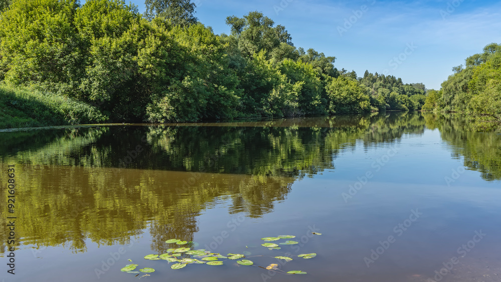 A calm river. There are lush thickets of green deciduous trees on the banks. The leaves of water lilies on the surface. The blue sky. Reflection in the water. A sunny summer day. A calm river. There are lush thickets of green deciduous trees on the banks. The leaves of water lilies on the surface. The blue sky. Reflection in the water. A sunny summer day.