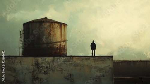 Silhouette of a person standing on a rooftop near an old water tower, against a moody sky filled with clouds. photo