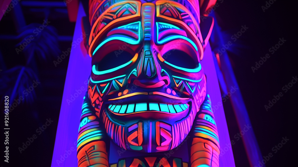 A tiki mask totem with neon details, blacklight or psychedelic, vivid Hawaiian or Polynesian theme A tiki mask totem with neon details, blacklight or psychedelic, vivid Hawaiian or Polynesian theme