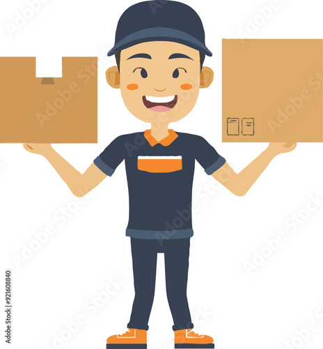 A simple illustration of an Asian delivery man holding up the box cartoon style