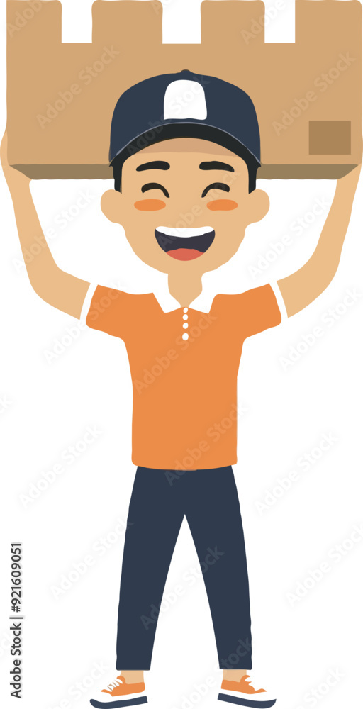 A simple illustration of an Asian delivery man holding up the box cartoon style A simple illustration of an Asian delivery man holding up the box cartoon style