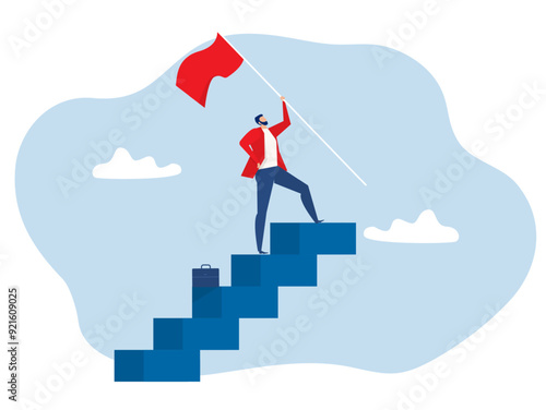 Success fearless male entrepreneur. Business man leadership ,businessman on top of career staircase holding winning flag 