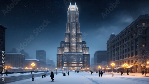 Illuminated Art Deco skyscraper at night in snowy winter cityscape