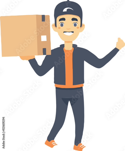 A simple illustration of an Asian delivery man holding up the box cartoon style