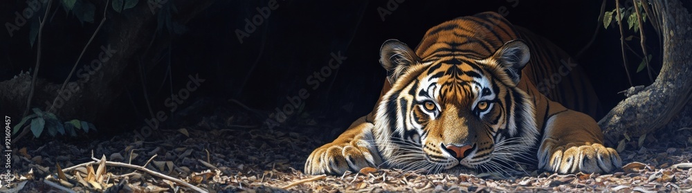 Obraz premium Tiger Lurking in the Shadows of a Forest