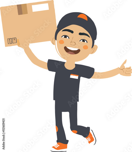 A simple illustration of an Asian delivery man holding up the box cartoon style