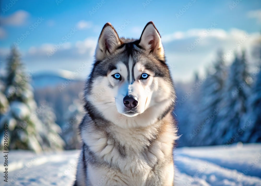 Majestic Siberian Husky dog with piercing blue eyes and wolf-like features sits proudly in the snow-covered winter landscape, showcasing its thick coat and strong build. Majestic Siberian Husky dog with piercing blue eyes and wolf-like features sits proudly in the snow-covered winter landscape, showcasing its thick coat and strong build.