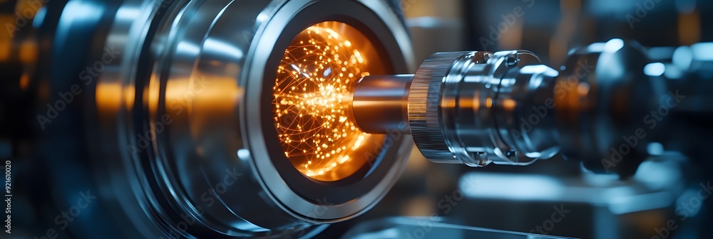 Close-up of a linear accelerator component. The image highlights the intricate structure of the accelerator tube and the precise alignment mechanisms used to direct particle beams Close-up of a linear accelerator component. The image highlights the intricate structure of the accelerator tube and the precise alignment mechanisms used to direct particle beams