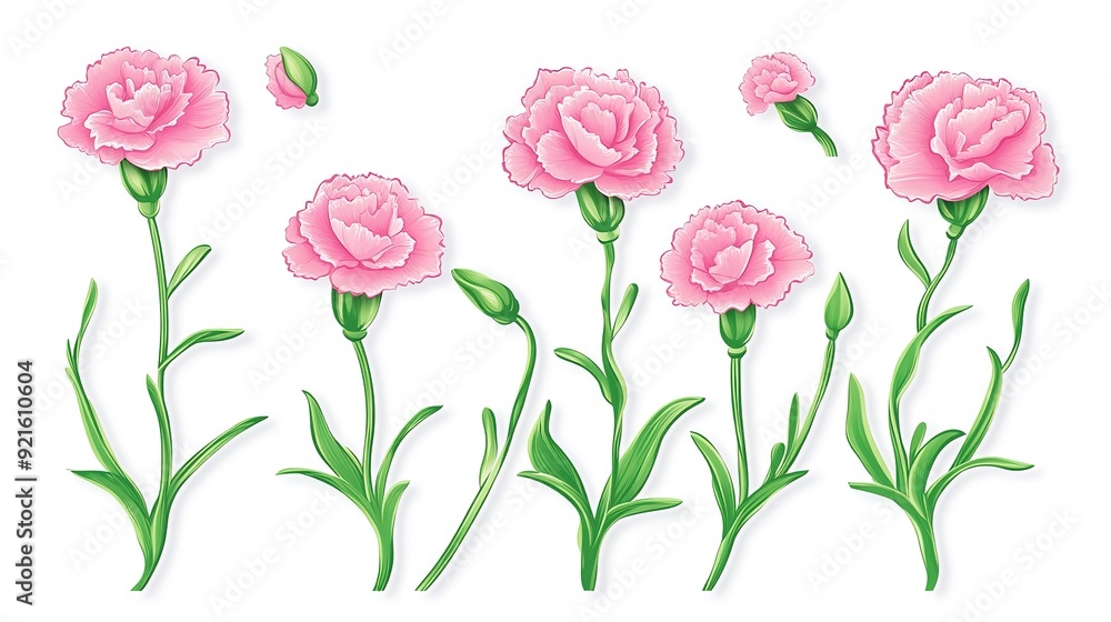 Sticker Design: Cluster of Pink Carnations with Green Stems and Leaves on White Background Sticker Design: Cluster of Pink Carnations with Green Stems and Leaves on White Background