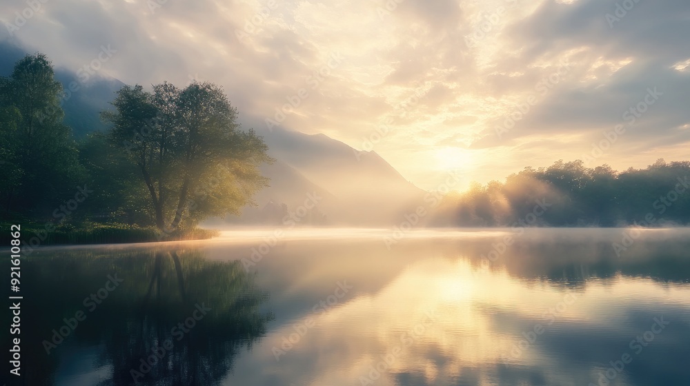 Gentle dawn light cascading over a calm landscape, illustrating the quiet strength of belief and renewal Gentle dawn light cascading over a calm landscape, illustrating the quiet strength of belief and renewal