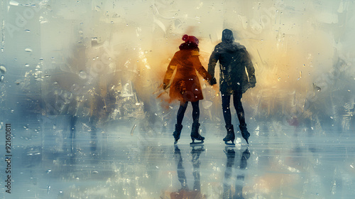 a couple ice skating on a frozen lake