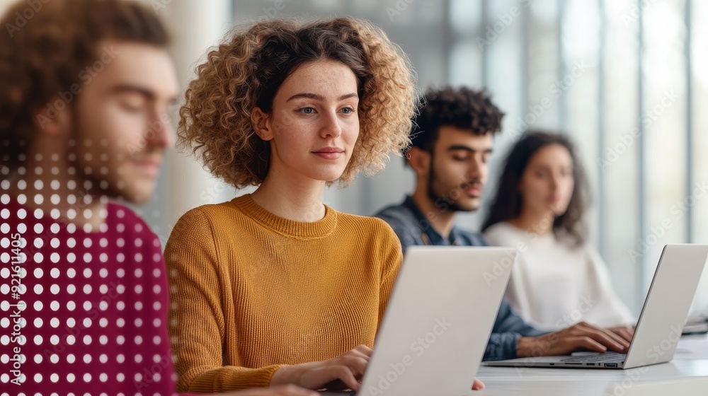 Focused group of diverse individuals working on laptops in a modern workspace, emphasizing collaboration and technology in action. Focused group of diverse individuals working on laptops in a modern workspace, emphasizing collaboration and technology in action.