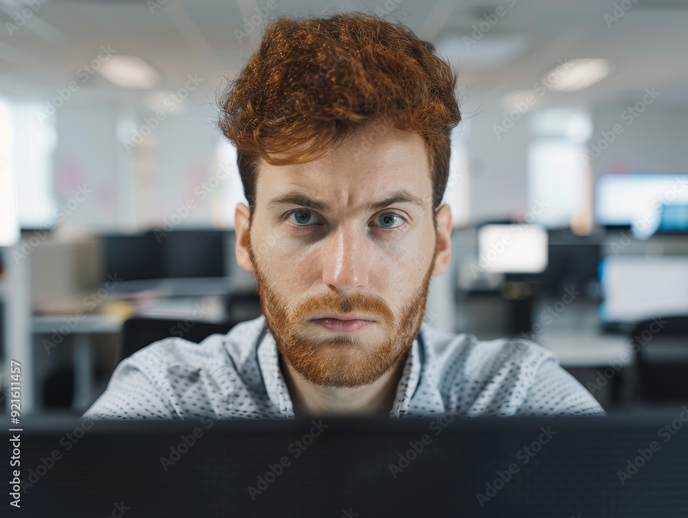 Focused man working on computer, showcasing concentration in a modern office environment with technology and productivity. Focused man working on computer, showcasing concentration in a modern office environment with technology and productivity.