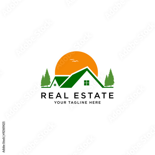 Home vector logo template with pine trees and sun background
