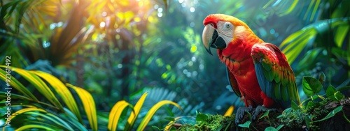 Wallpaper Mural A colorful macaw parrot with a bright red beak perches on a branch in a lush, tropical jungle Torontodigital.ca