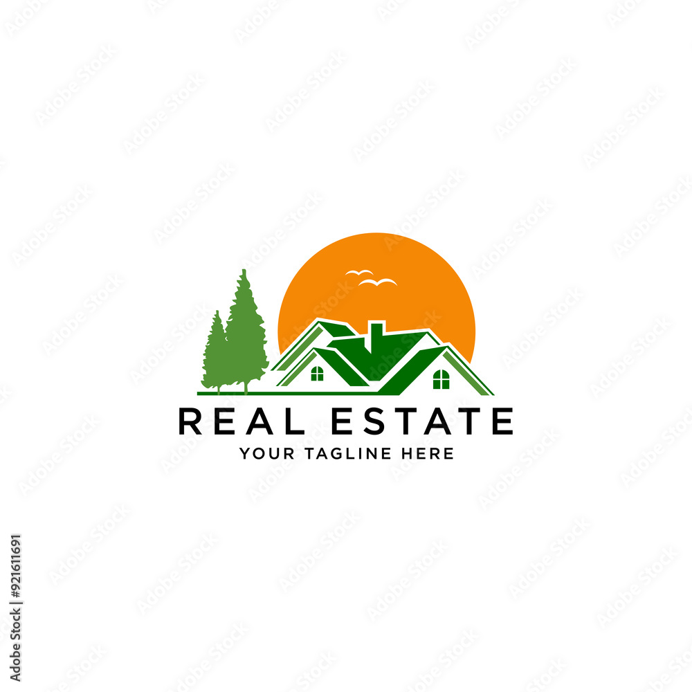 Home vector logo template with pine trees and sun background Home vector logo template with pine trees and sun background